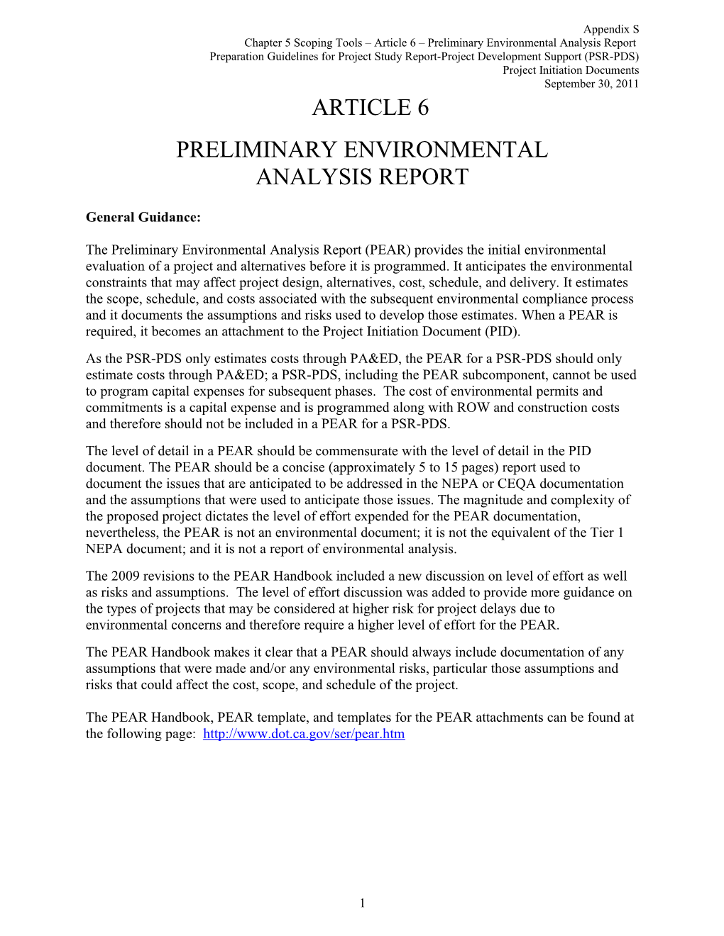 Chapter 5 Scoping Tools Article 6 Preliminary Environmental Analysis Report