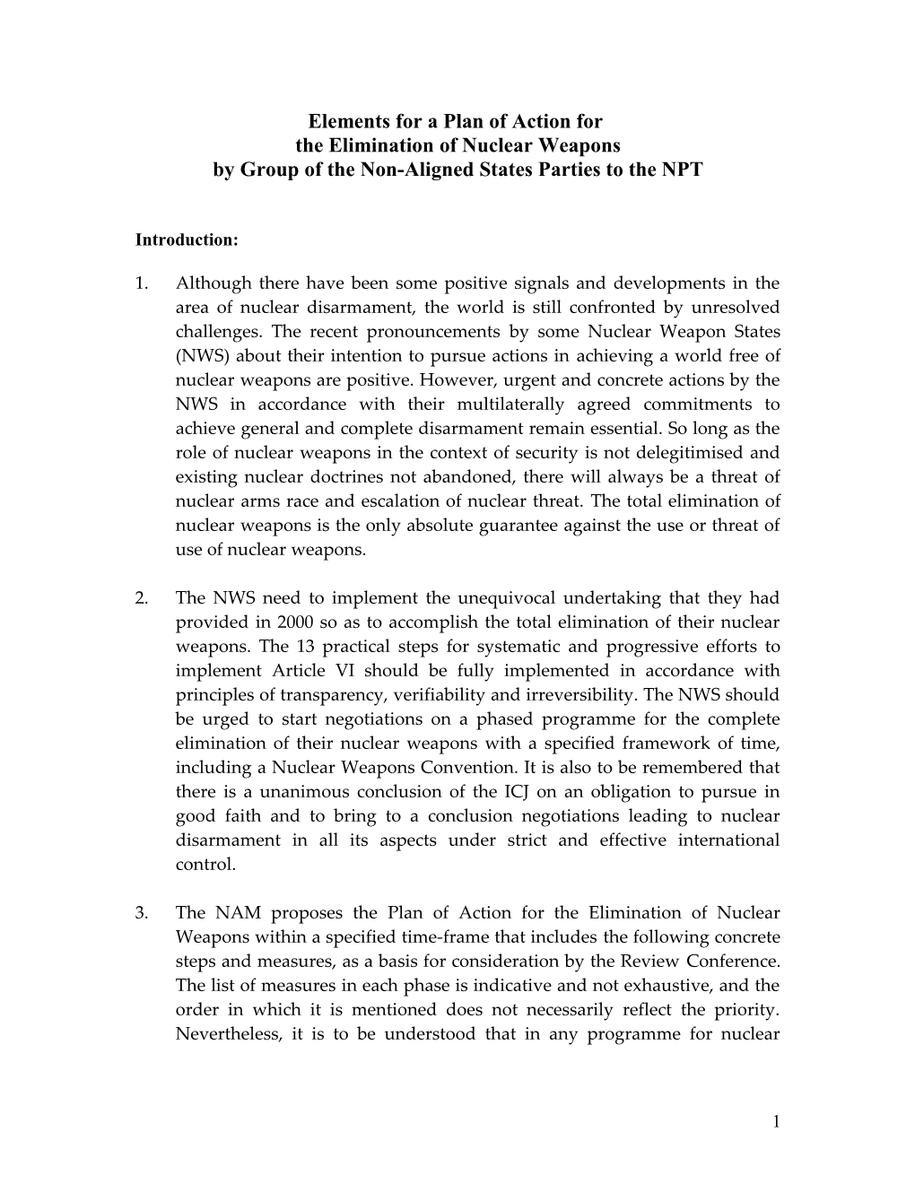 Proposal for a Programme of Action for the Elimination of Nuclear Weapons