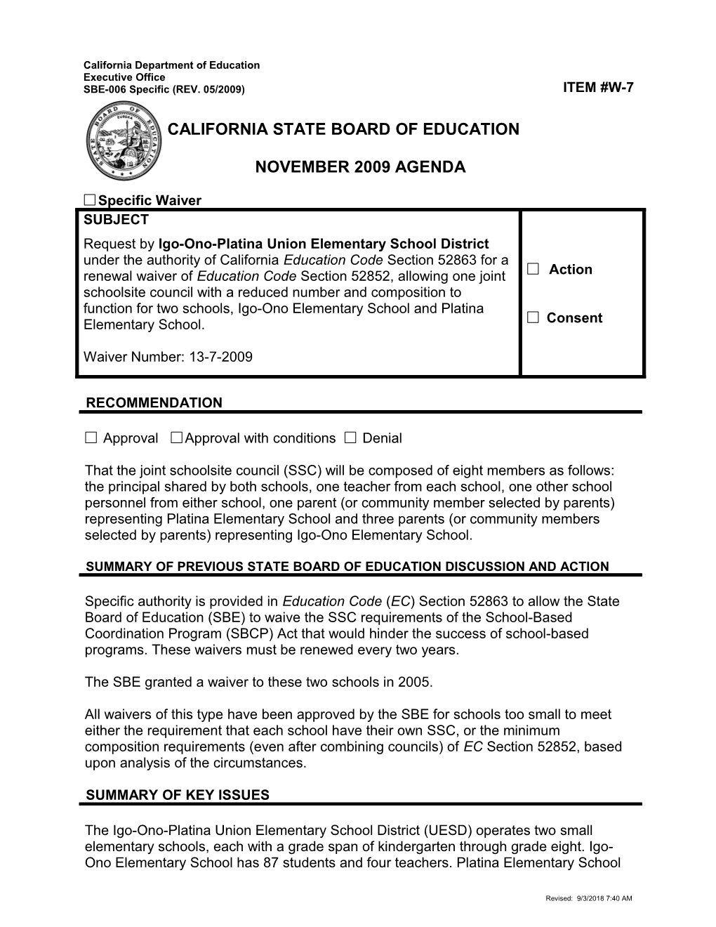 November 2009 Waiver Item W7 - Meeting Agendas (CA State Board of Education)
