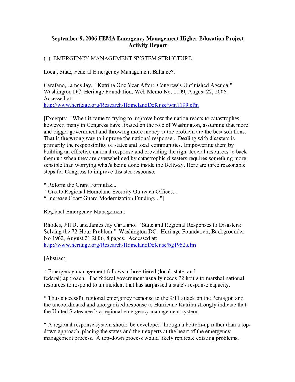 September 9, 2006 FEMA Emergency Management Higher Education Project Activity Report