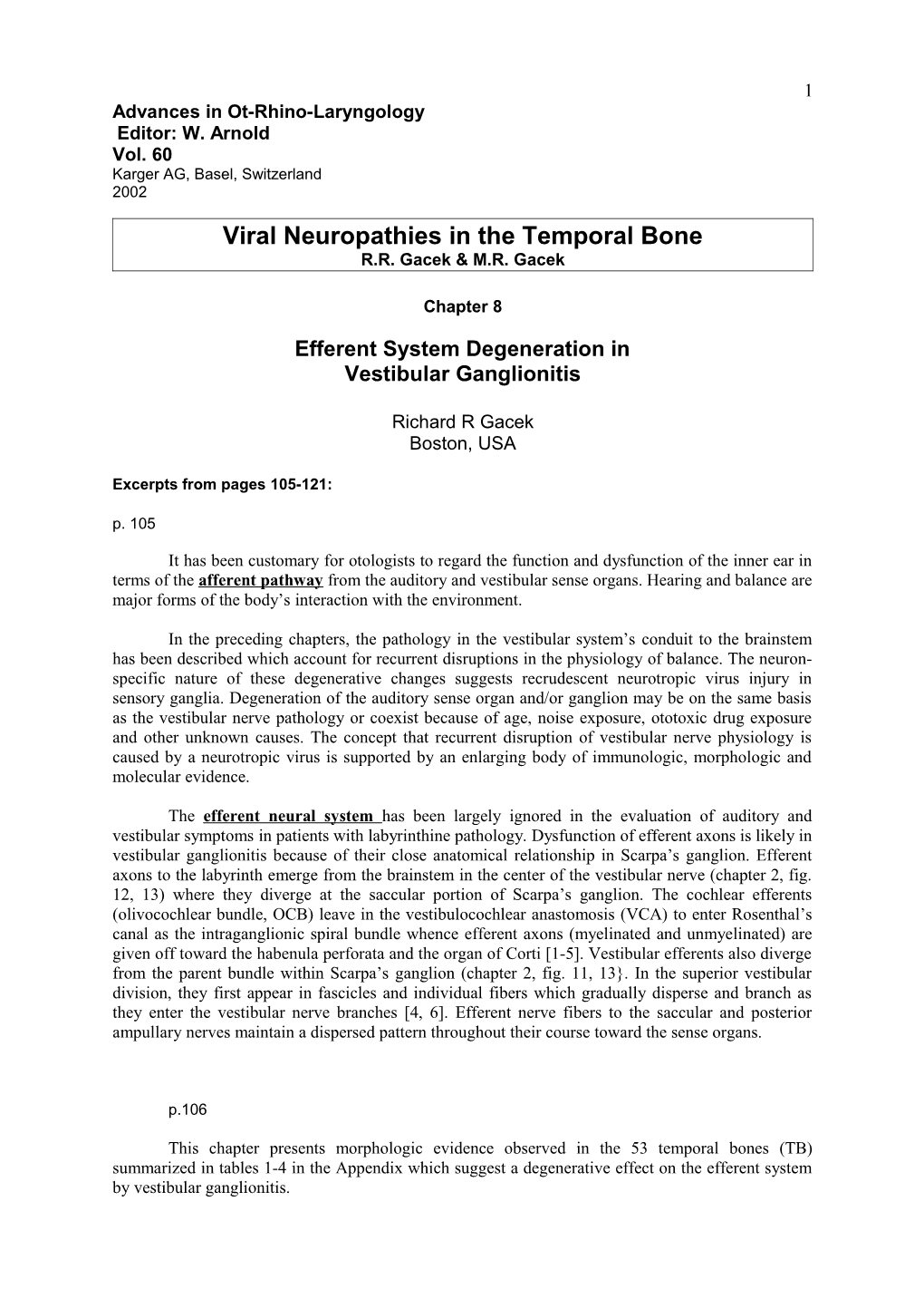 Efferent System Degeneration In