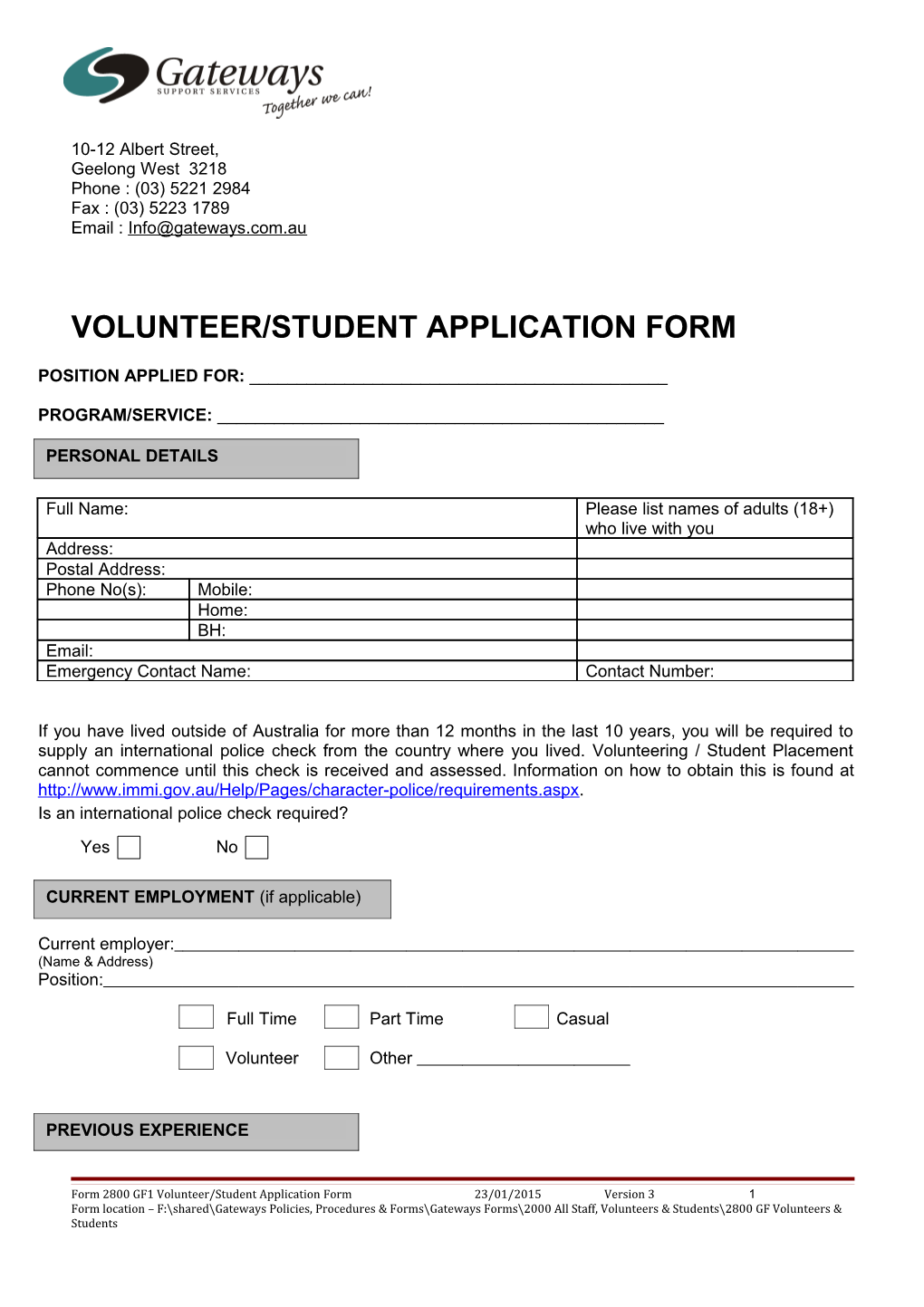 Volunteer/Student Application Form