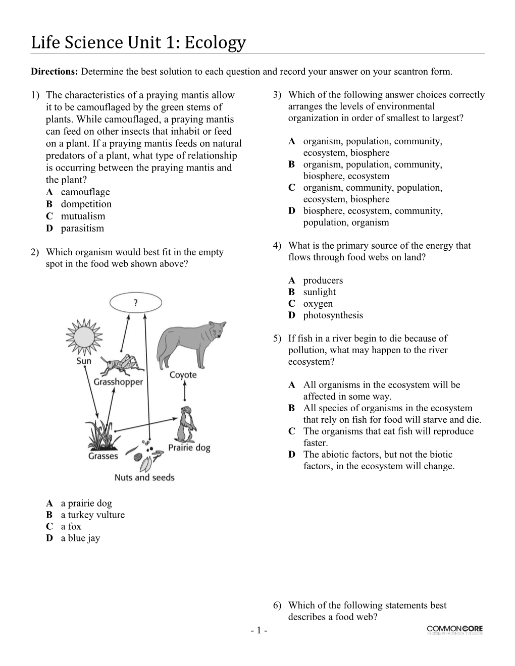 Life Science Unit 1: Ecology