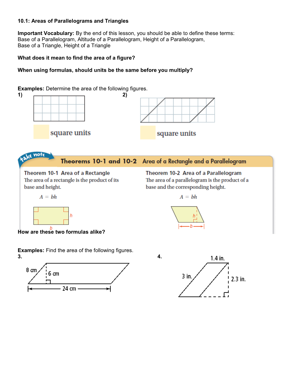 10.1: Areas of Parallelograms and Triangles