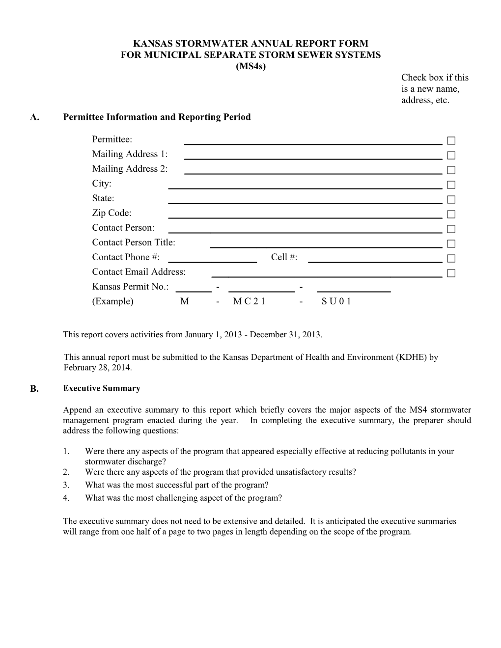 KANSAS STORMWATER ANNUAL REPORT FORM for MUNICIPAL SEPARATE STORM SEWER SYSTEMS (Ms4s)