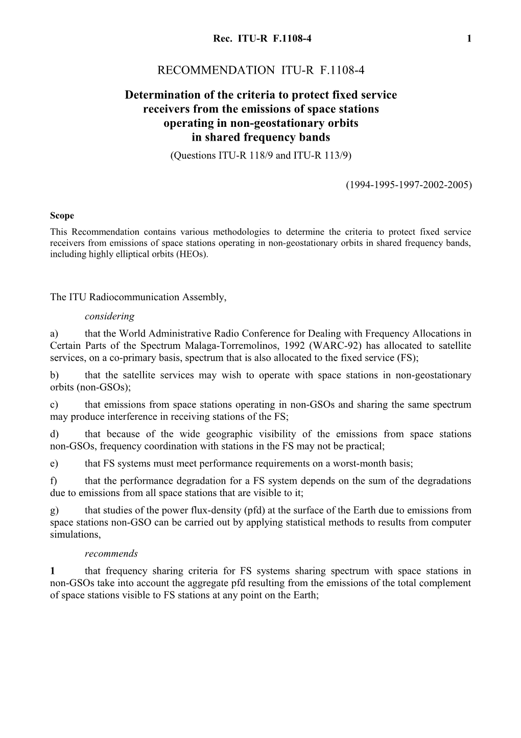RECOMMENDATION ITU-R F.1108-4 - Determination of the Criteria to Protect Fixed Service