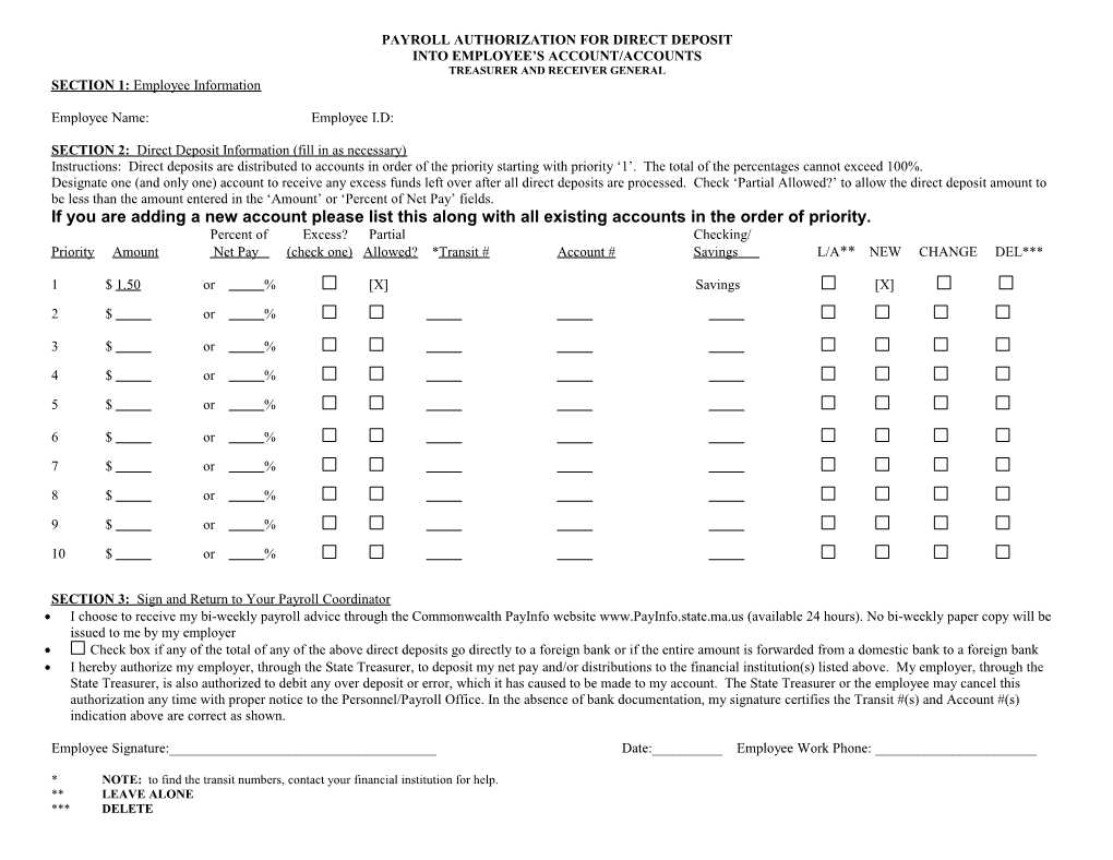 Payroll Authorization for Direct Deposit