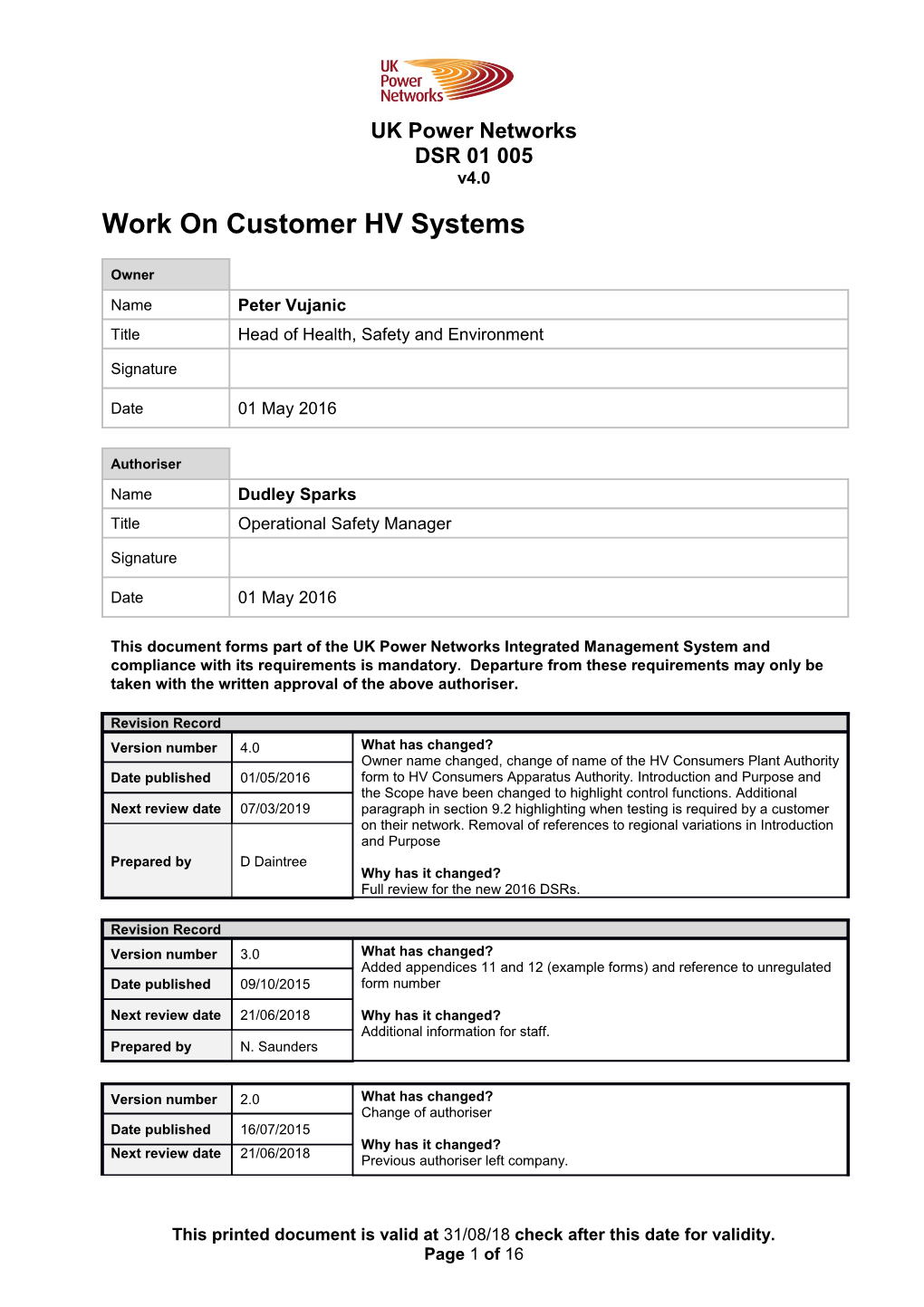 DSR 01 005 Work on Customer HV Systems