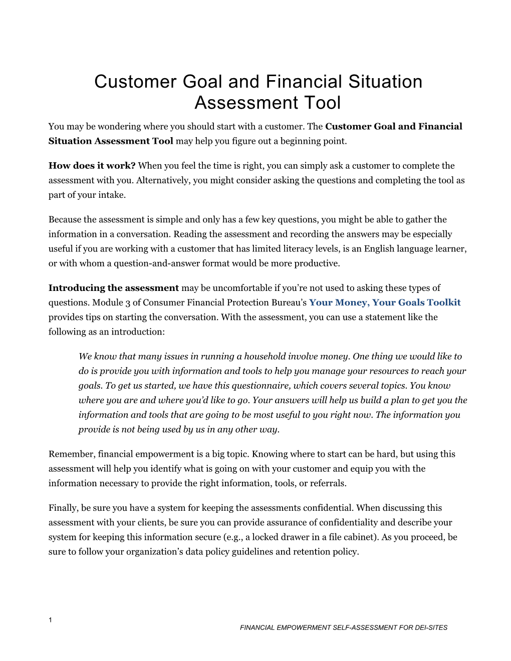Customer Goal and Financial Situation Assessment Tool