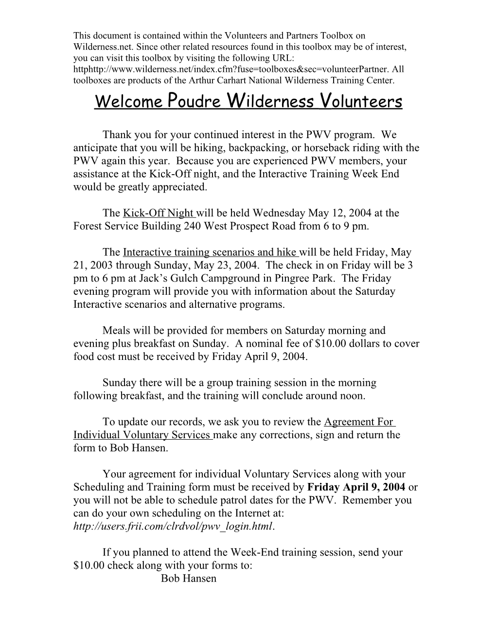 Welcome Poudre Wilderness Volunteers