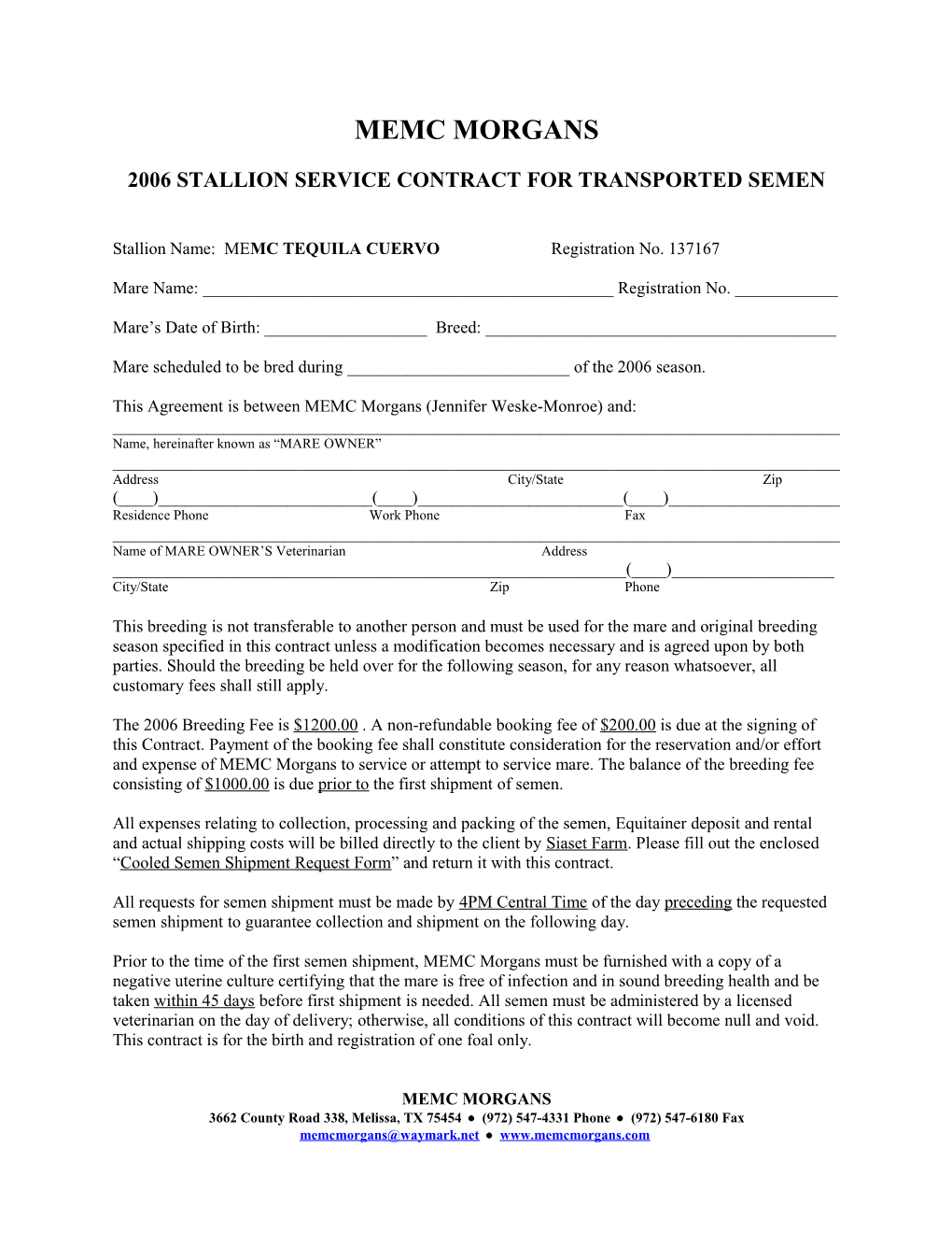2006 Stallion Service Contract for Transported Semen