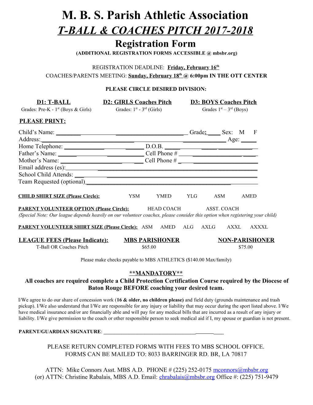 2017 Parish Baseball Registration Form