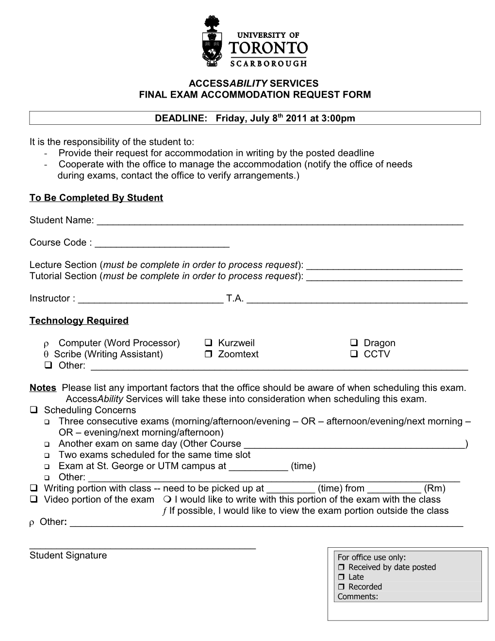 Accessability Services Final Exam Request Form