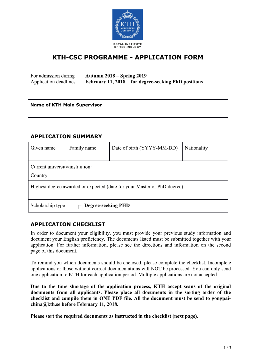 Kth-Csc Programme -Application Form