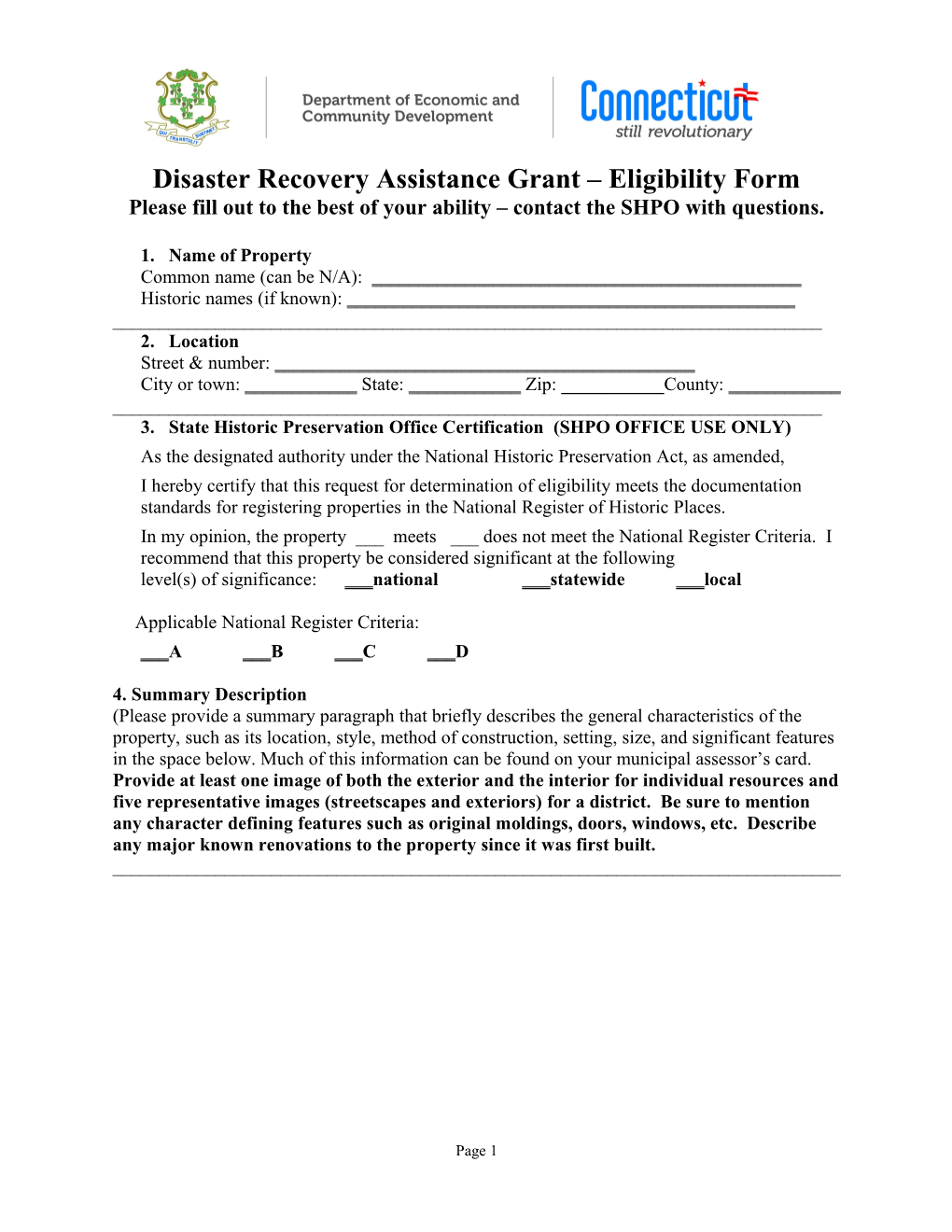 Disaster Recovery Assistance Grant Eligibility Form