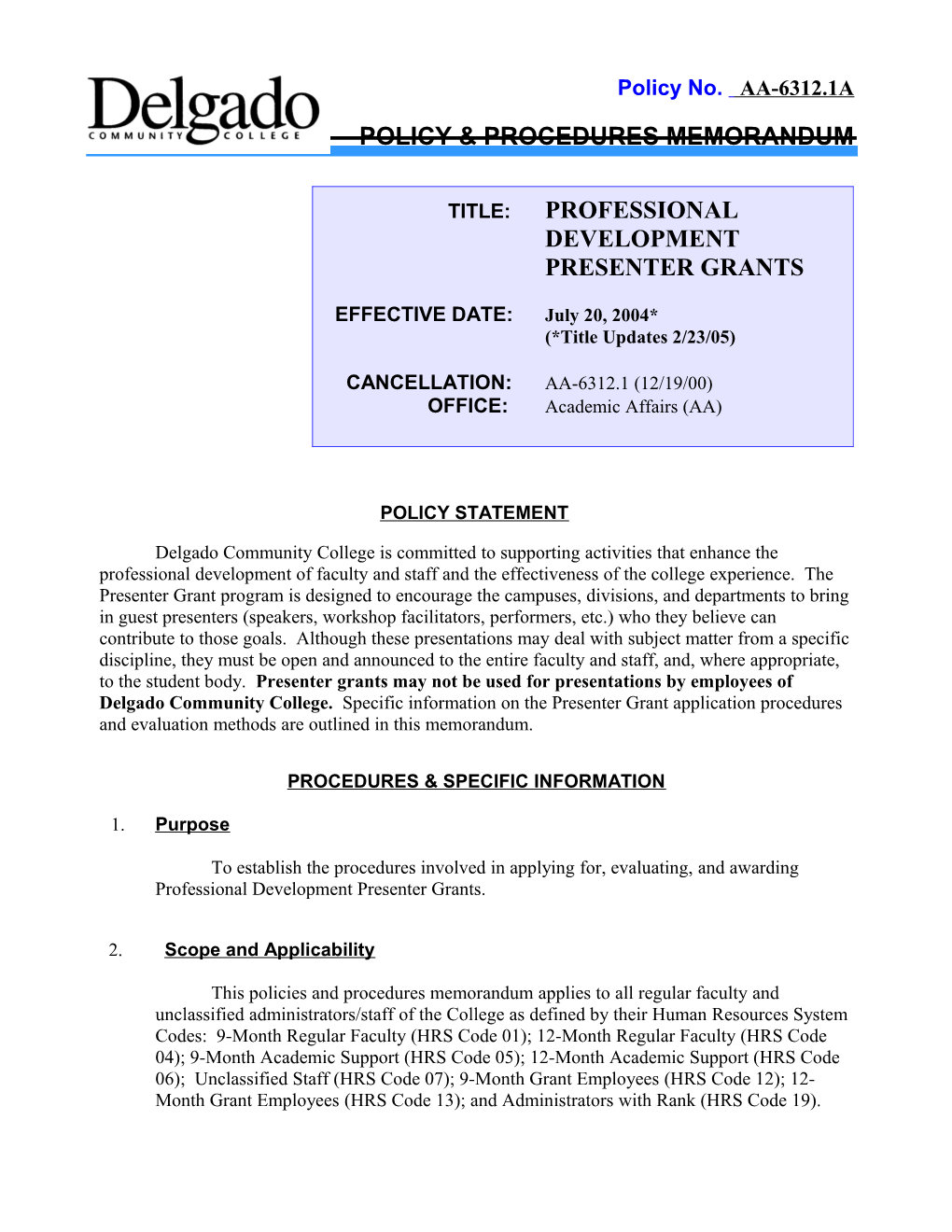 Policy & Procedures Memorandum