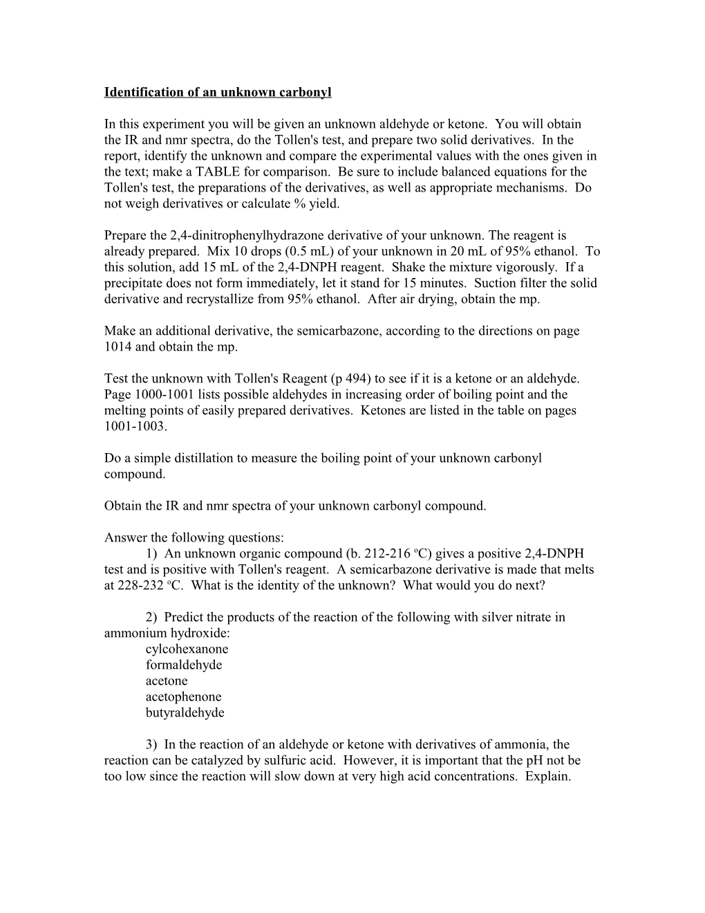 Identification of an Unknown Carbonyl