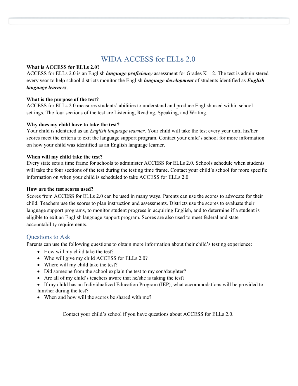 WIDA ACCESS for Ells 2.0