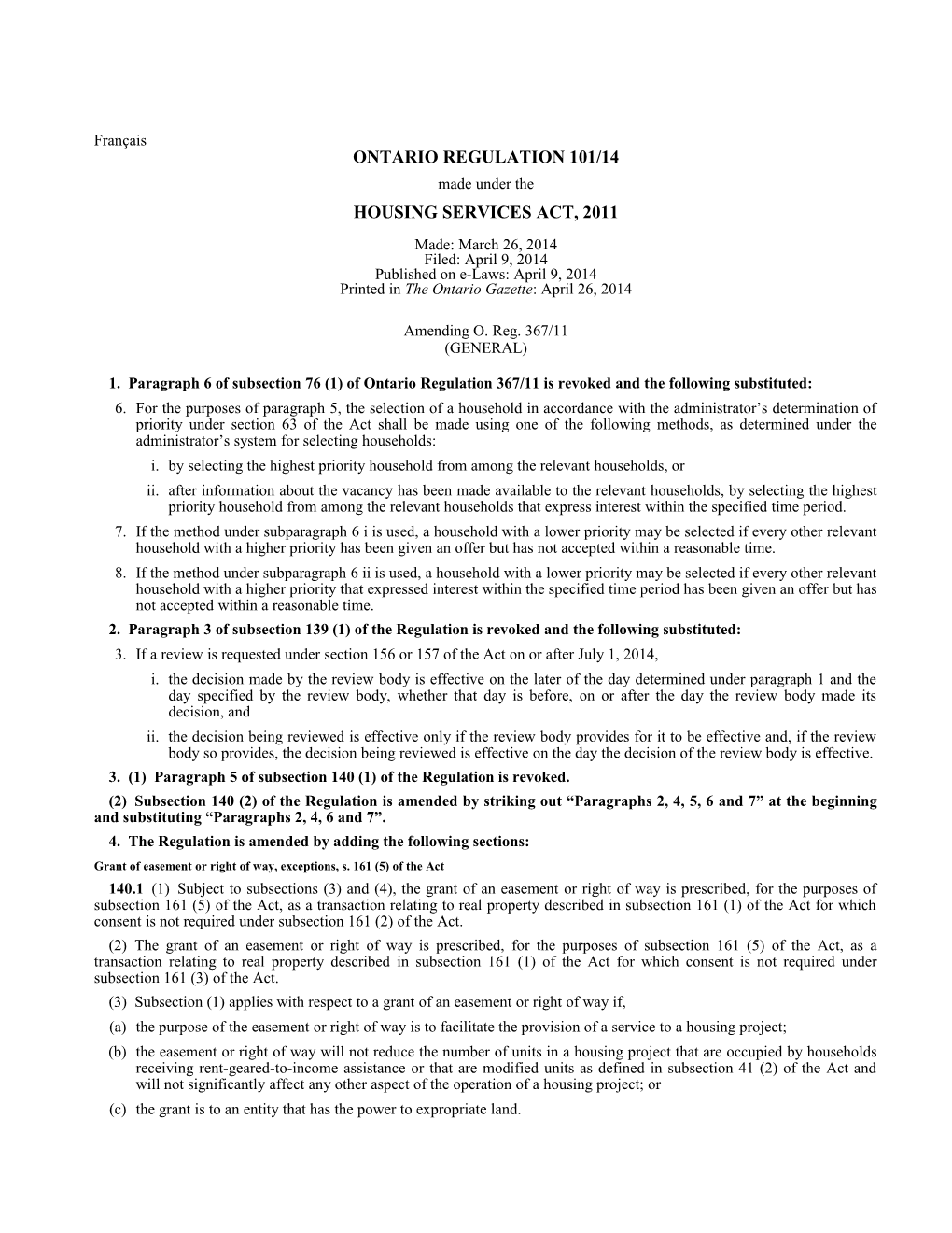 HOUSING SERVICES ACT, 2011 - O. Reg. 101/14