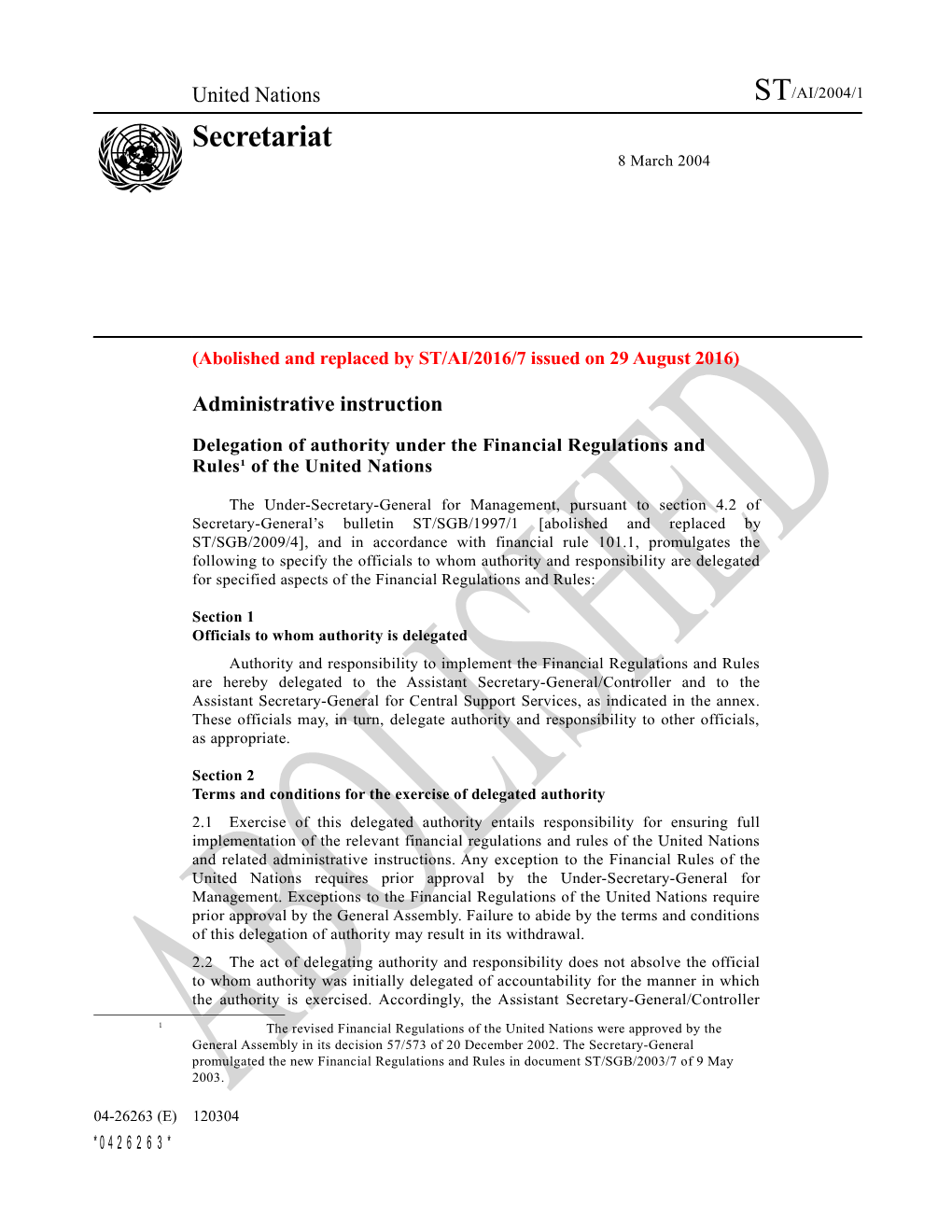 Delegation of Authority Under the Financial Regulations and Rules 1 of the United Nations