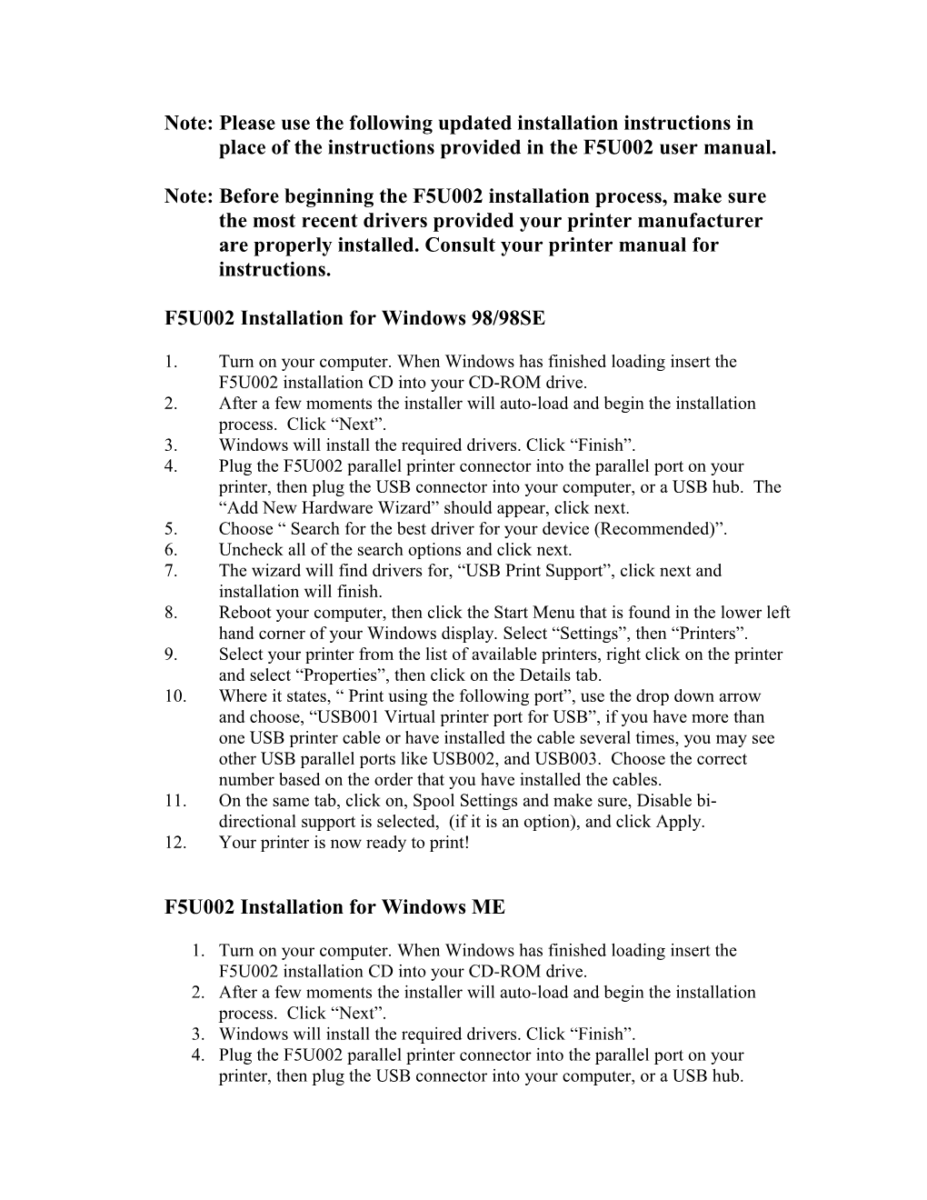 F5U002 Installation for Windows 98/98SE