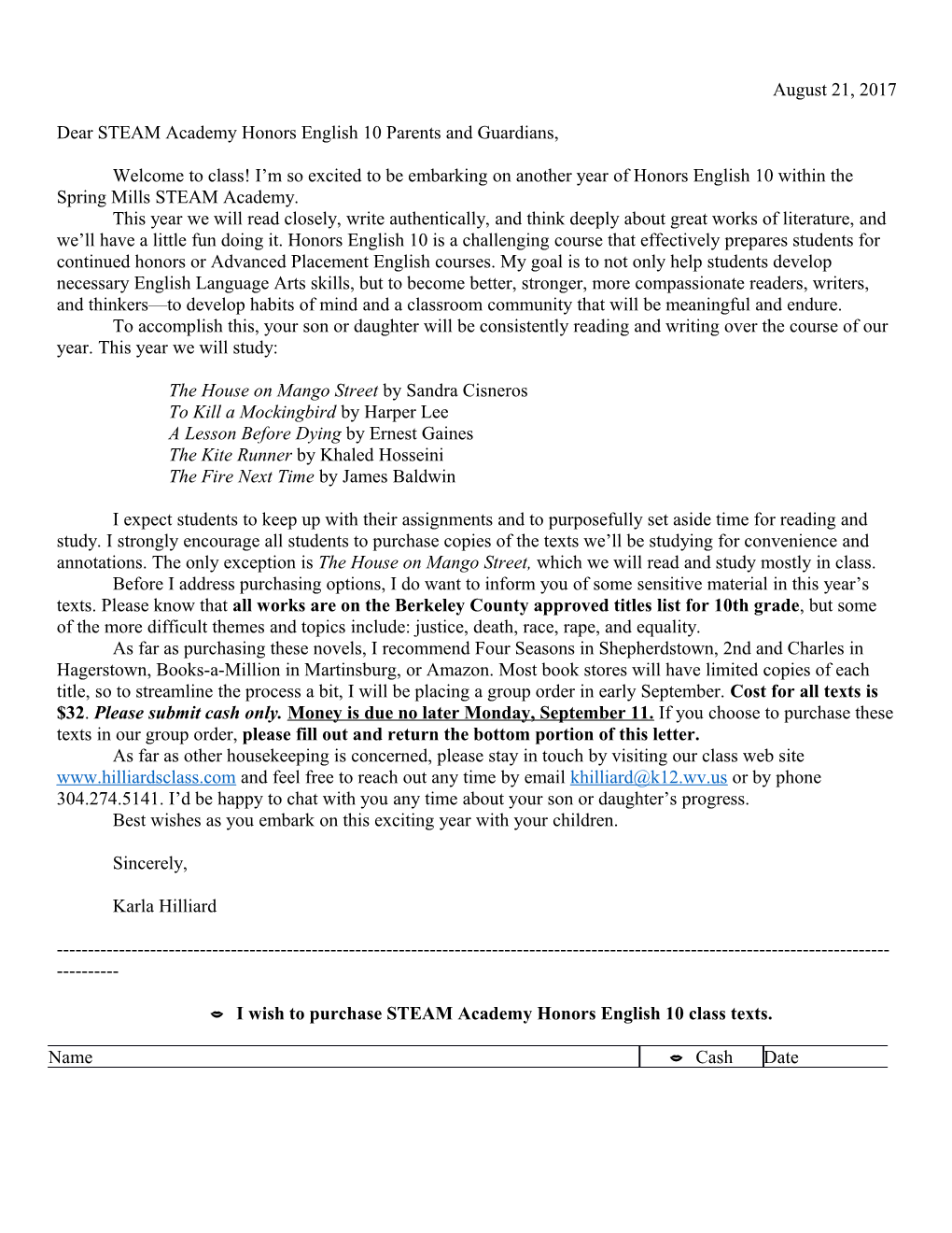 Dear STEAM Academy Honors English 10 Parents and Guardians