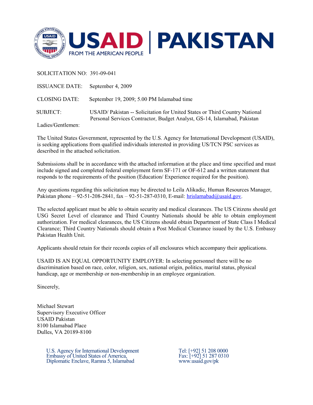 SUBJECT: USAID/ Pakistan Solicitation for United States Or Third Country National