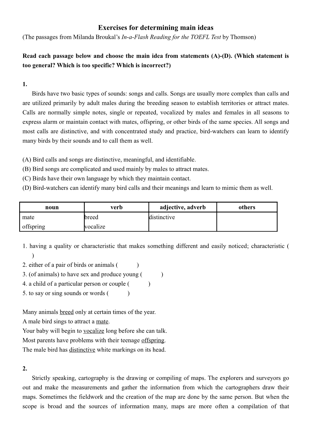 Exercises for Determining Main Ideas