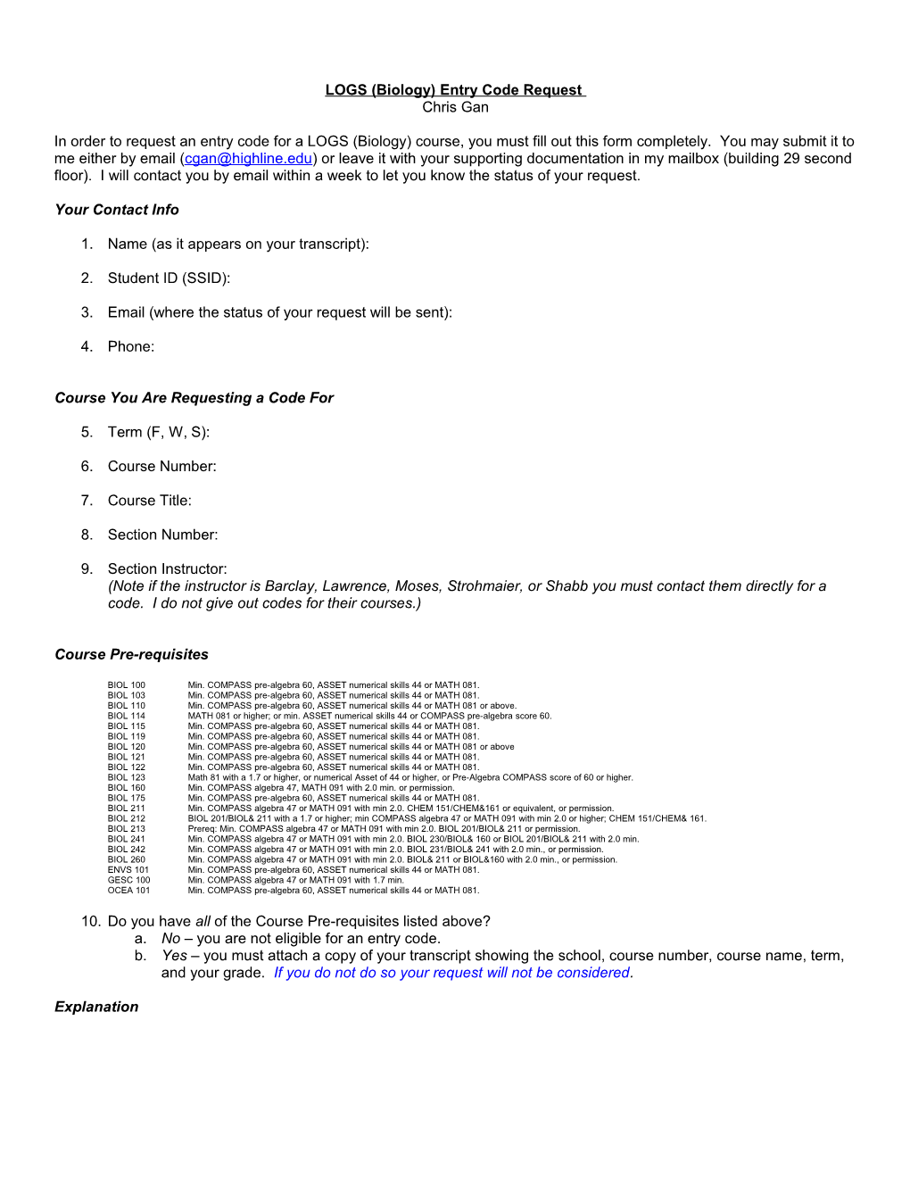 LOGS (Biology) Entry Code Request