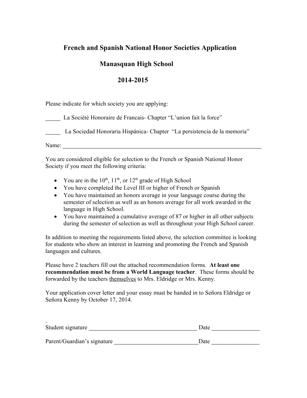 French and Spanish National Honor Societies Application