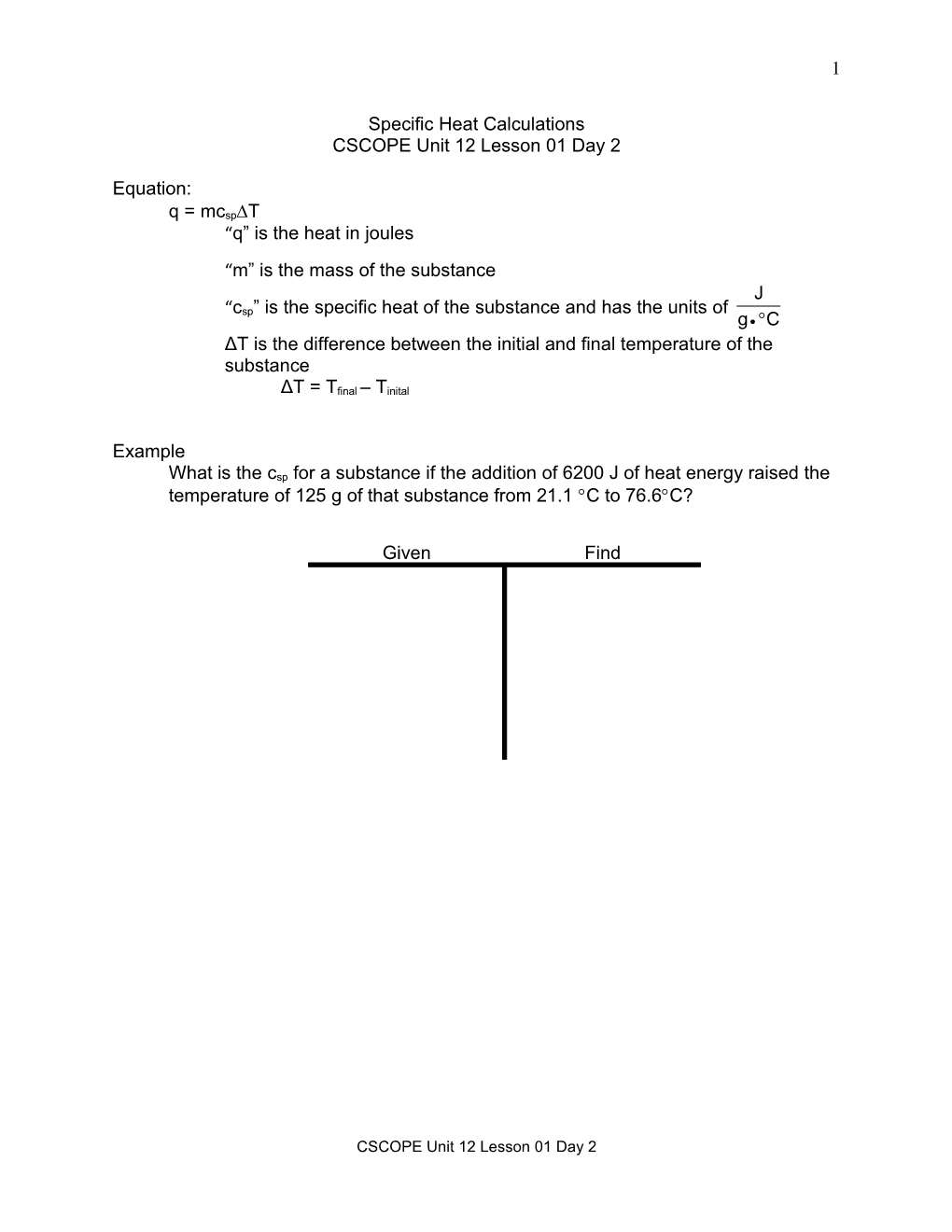 CSCOPE Unit 12 LS 01 Day 2 Specific Heat Calc