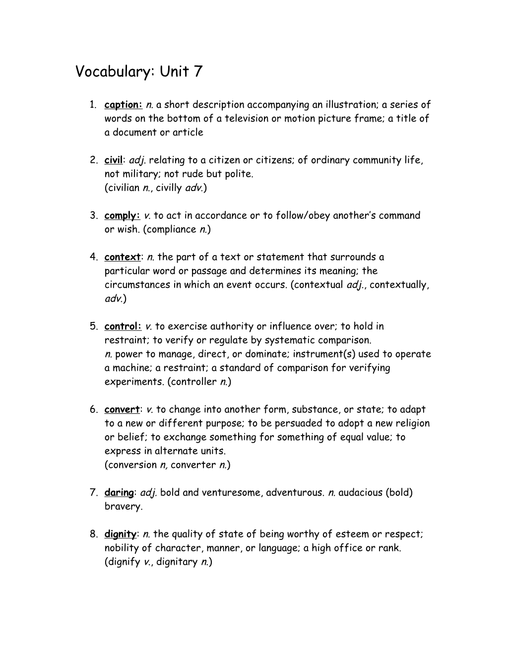 Vocabulary: Unit 7