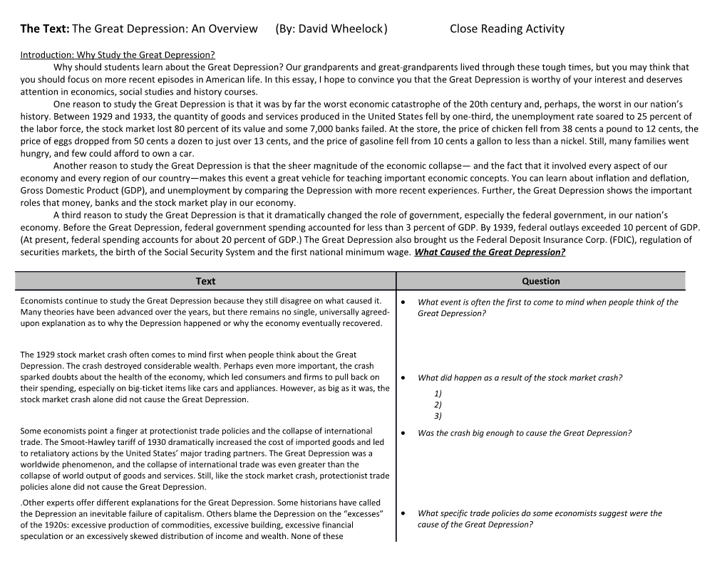 The Text: the Great Depression: an Overview (By: David Wheelock ) Close Reading Activity