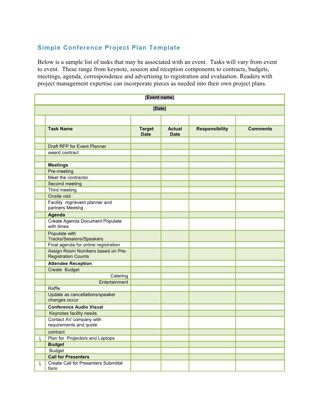 Simple Conference Project Plan Template