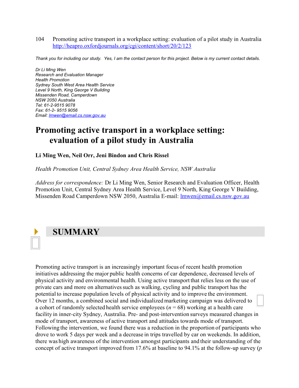 104Promoting Active Transport in a Workplace Setting: Evaluation of a Pilot Study in Australia