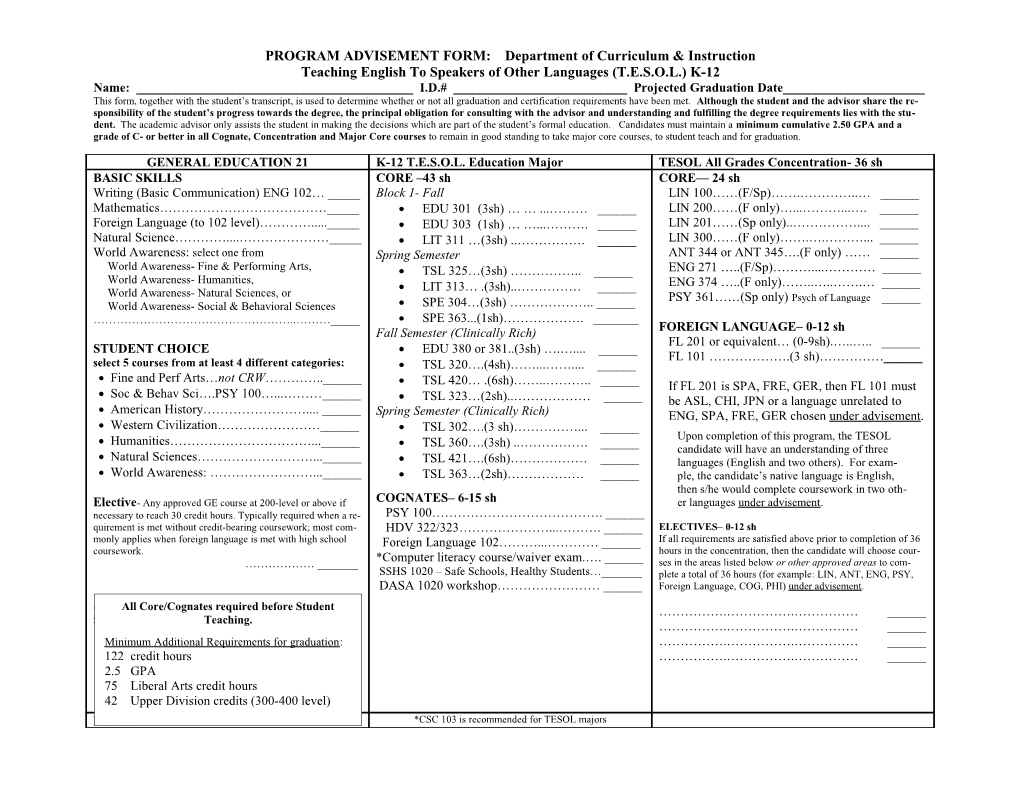 PROGRAM ADVISEMENT FORM: Curriculum & Instruction s1