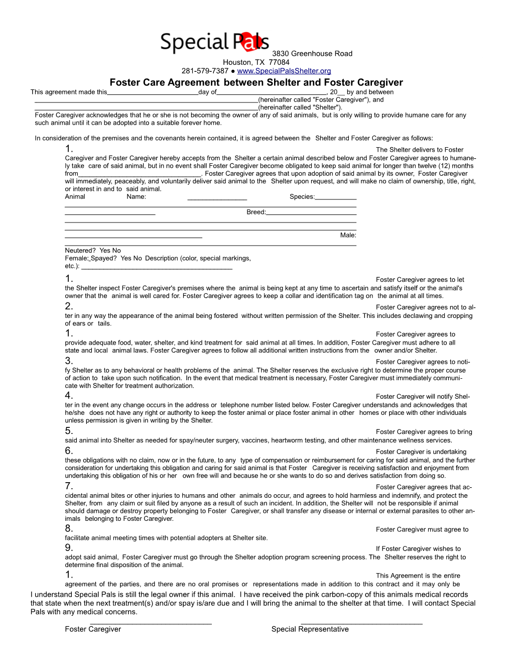 Foster Care Agreement Between Shelter and Foster Caregiver