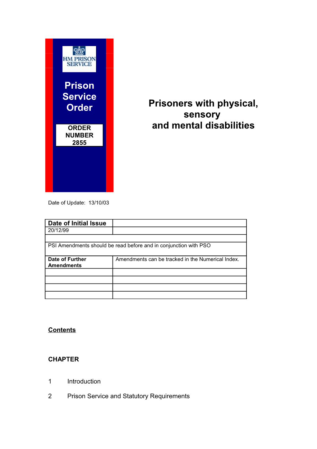 PSO 2855 - the Management of Prisoners with Physical, Sensory Or Mental Disabilities