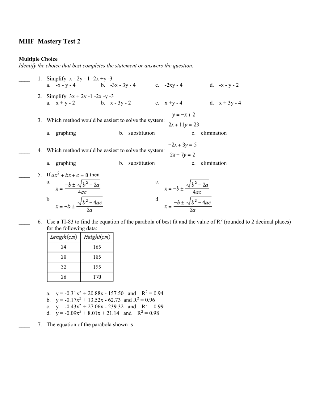 MHF Mastery Test 2