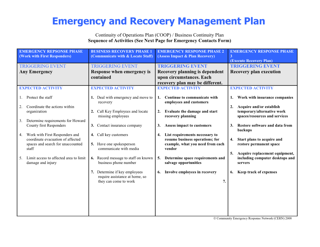 Emergency and Recovery Management Plan