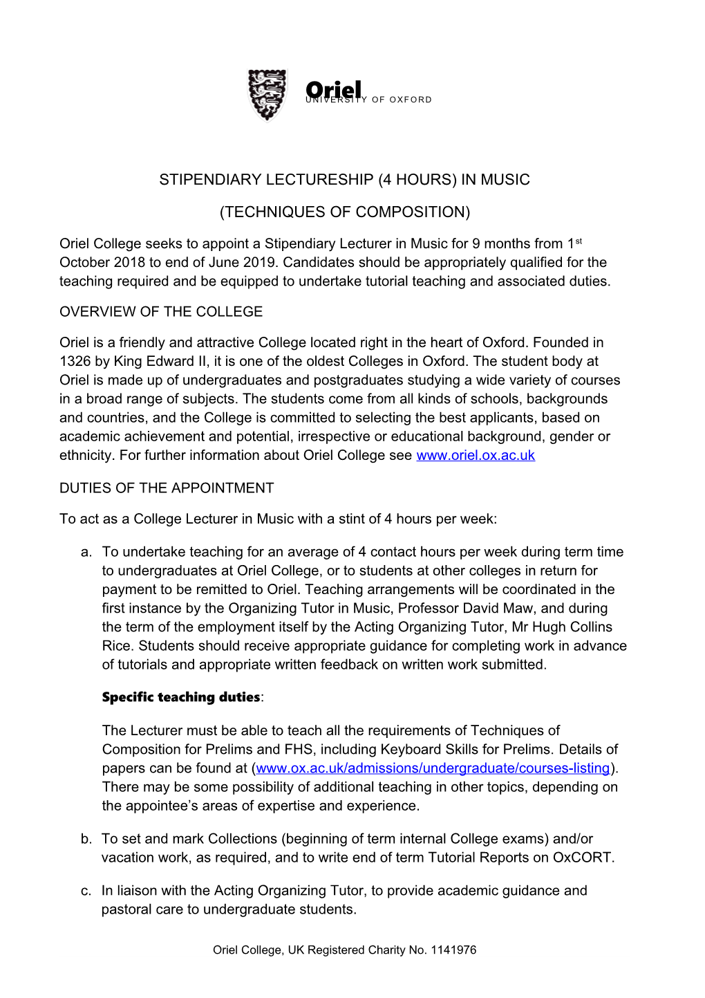 Stipendiary Lectureship (4 Hours) in MUSIC