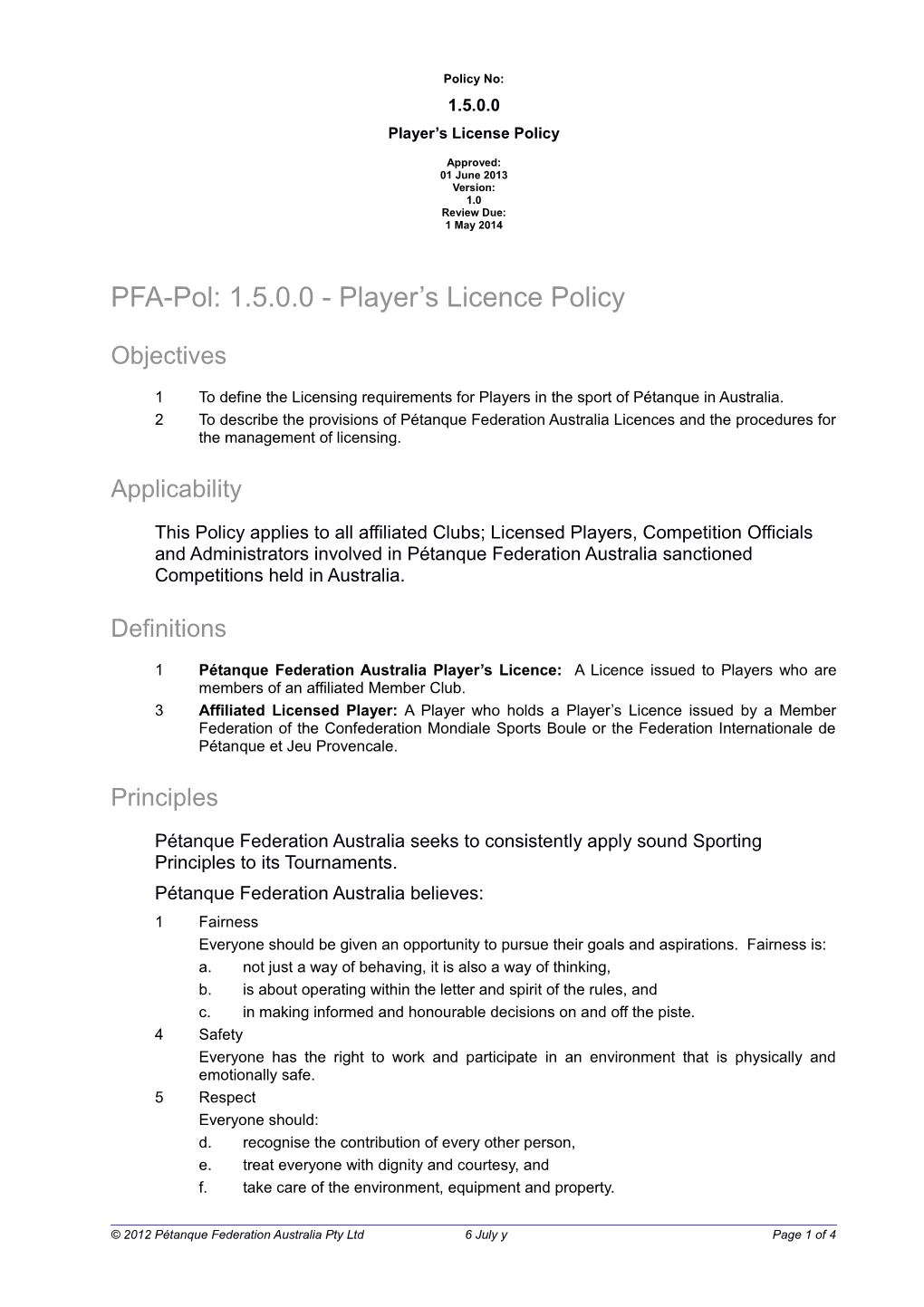 Player S License Policy