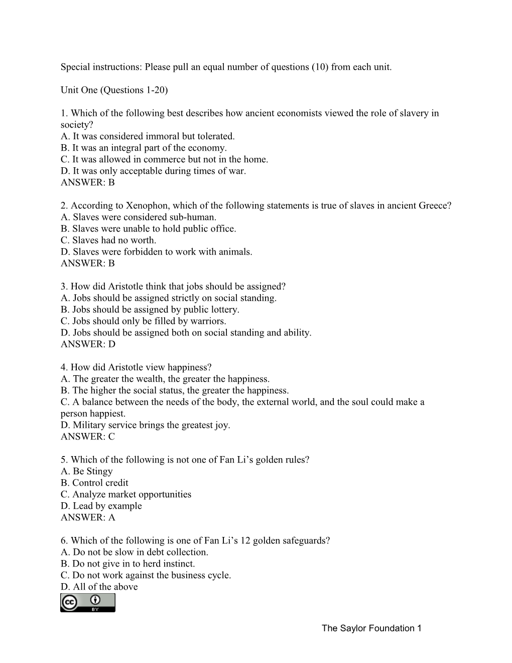 Special Instructions: Please Pull an Equal Number of Questions (10) from Each Unit