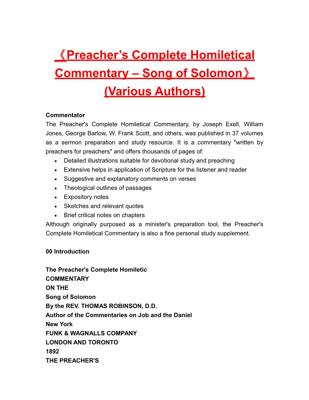 Preacher S Complete Homiletical Commentary Song of Solomon (Various Authors)