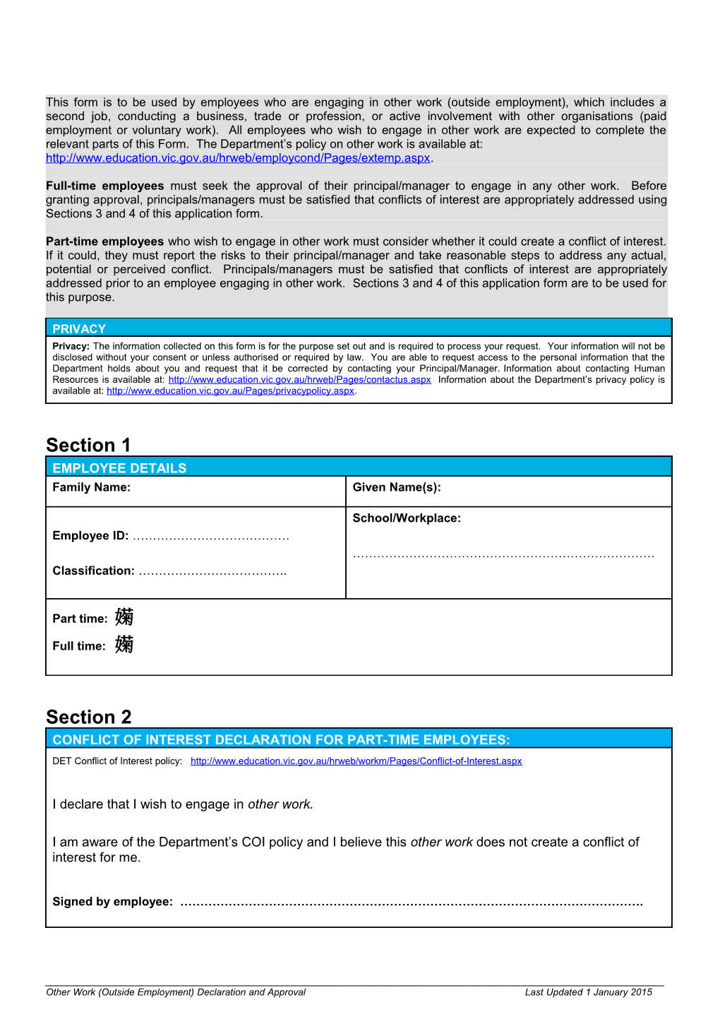 Other Work (Outside Employment) Declaration and Approval Form