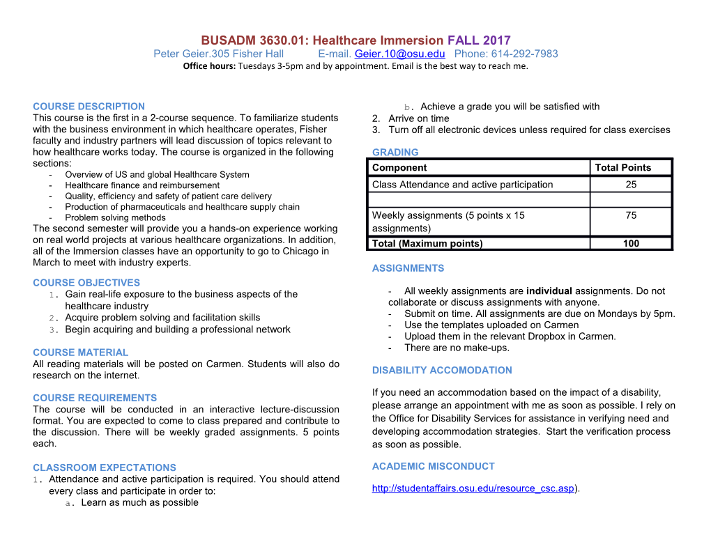 BUSADM 3630.01: Healthcare Immersionfall 2017