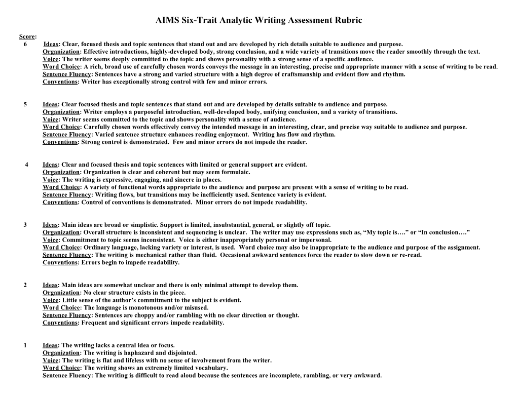 AIMS Six-Trait Analytic Writing Assessment Rubric