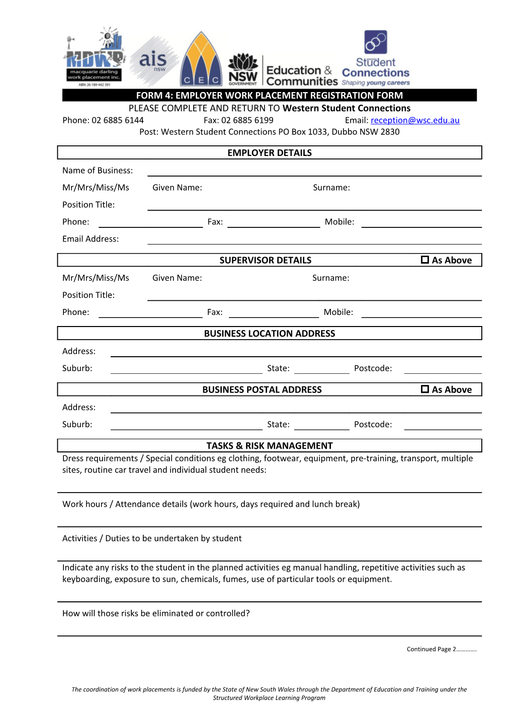 Form 4: Employer Work Placement Registration Form