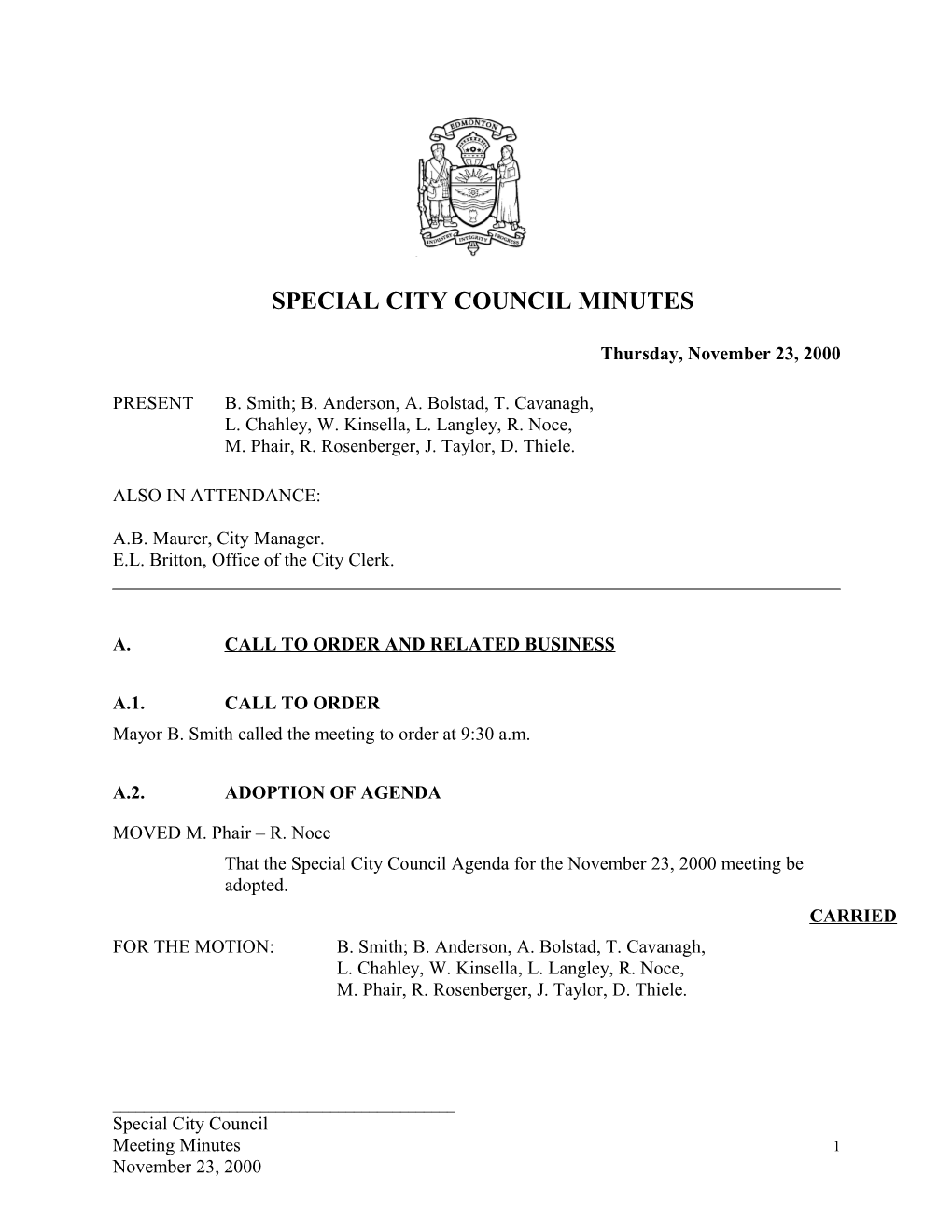 Minutes for City Council November 23, 2000 Meeting