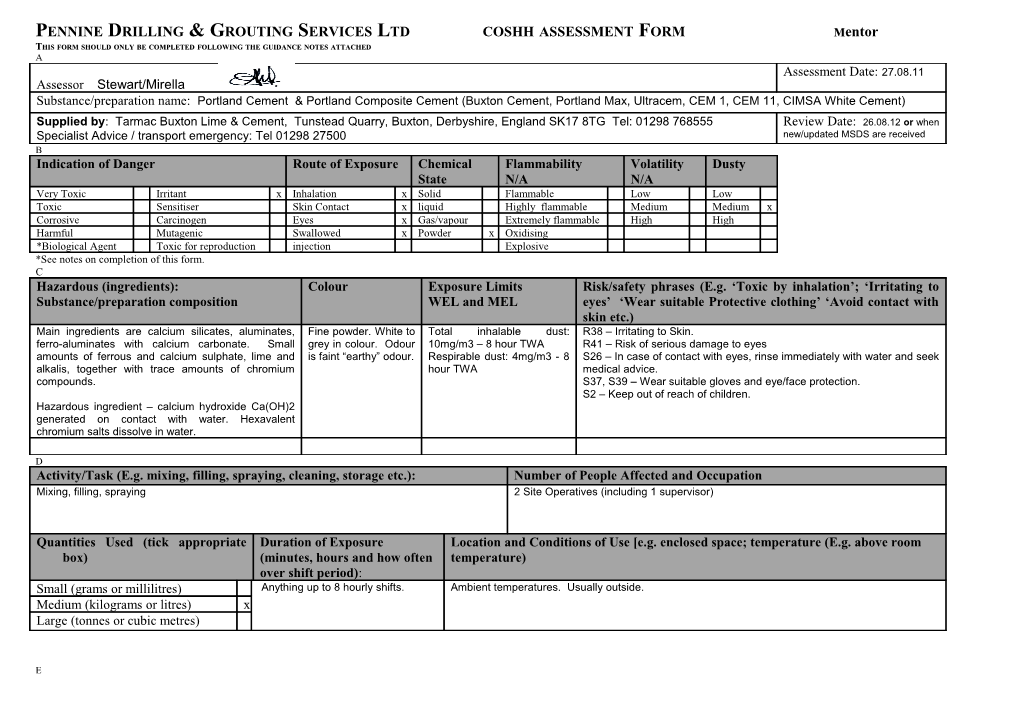 Pennine Drilling & Grouting Services Ltd Coshh Assessment Form Mentor